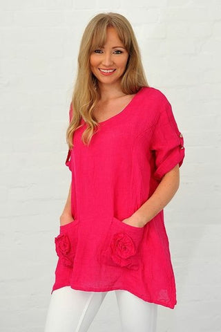 Linen Flower Pocket Top in Bright Pink