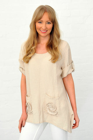 Linen Flower Pocket Top in Beige