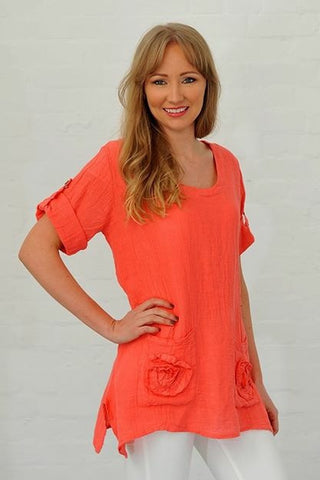 Linen Flower Pocket Top in Orange