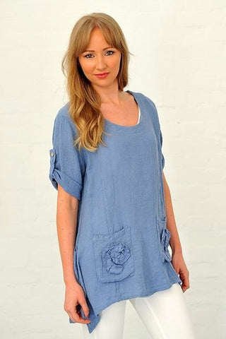 Linen Flower Pocket Top in Blue