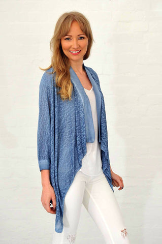 Linen Blue Cardigan Trimmed in Silk